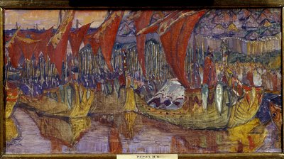 Kampanjen i Chersonessos av Vladimir den store (eller Helgonet eller den röda solen, Vladimir I Sviatoslavitch från Kiev, 958-1015). De röda seglen. Målning av Nicolas Roerich (1874-1947), olja på duk av Nicholas Roerich
