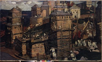 Bygga en stad. (Att bygga en stad). (för ett landsbygdssamhälle i Ukraina). Målning av Nicholas Roerich (1874-1947), olja på duk av Nicholas Roerich