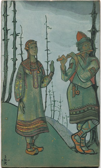 The Snow Maiden och Lel, klädd som design för Rimsky-Korsakov, från operan The Snow Maiden, 1921 av Nicholas Roerich