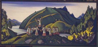 Scenografi för baletten The Rite of Spring Le Sacre du Printemps av I. Stravinsky, 1945 av Nikolai Konstantinowitsch Roerich