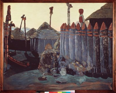 En hednisk hög. (Medeltiden, Ukraina). Verk av Nicolas (Nicholas) Roerich (1874-1947), tempera på kartong av Nicholas Roerich