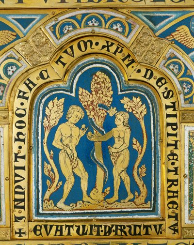 Eva ger Adam äpplet ... (emalj på förgylld koppar) av Nicholas of Verdun