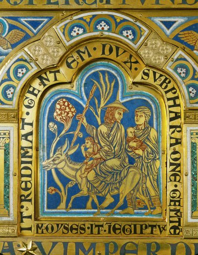Moses återvänder till Egypten med sin fru Zipporah och två söner ... (emalj på förgylld koppar) av Nicholas of Verdun