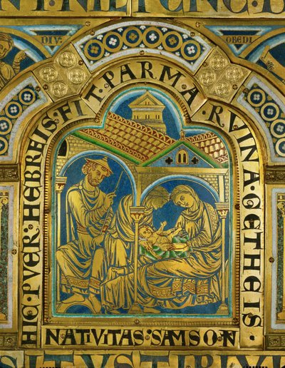 Simsons födelse, Manoah med en medeltida judeshatt ... (emalj på förgylld koppar) av Nicholas of Verdun