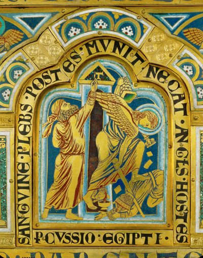 Egyptens tionde farsot: Israeliterna målar sina dörrposter med påsklammets blod ... (emalj på förgylld koppar) av Nicholas of Verdun
