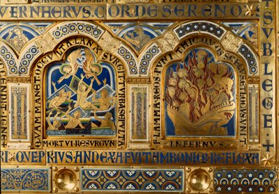 Verdun-altare tillverkat i guld och enamaille av Nicolas de Verdun (ca.1130/50-1205): scener från Gamla och Nya testamentet: detalj som visar de döda som lämnar sin grav på den sista domens dag och förbannelserna som brinner i lågorna av helvetet. 1100-tal av Nicholas of Verdun