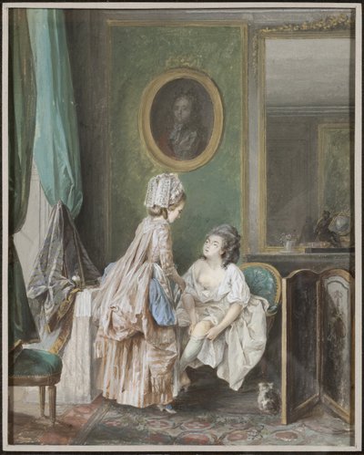 Kvinna som tar på sig sina strumpor - Kvinna som drar i strumpan, av Lafrensen, Niclas (Nicolas Lavreince) (1737-1807). Gouache på papper av Niclas II Lafrensen