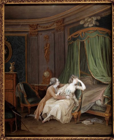 Sen omvändelse En man bekänner förmodligen en otrogen för sin fästmö som svimmar. Målning av Niklas Lavreince (1737-1807) 1700-talets Paris, Musee Cognacq Jay av Niclas II Lafrensen