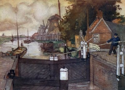 Noordervaldeursluis, Zaandam (färg litho) av Nico Jungman