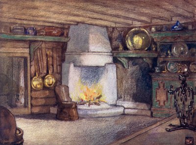 Norge: A Cottage Interior, Telemarken (färg litho) av Nico Jungman