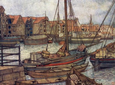 Norge: Bergens båtar och lager (färg litho) av Nico Jungman