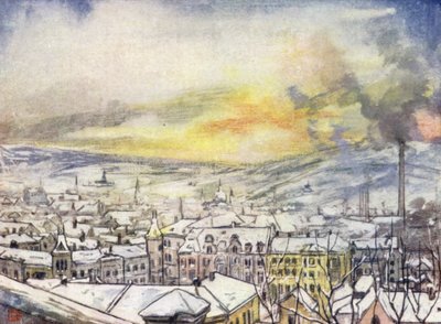 Norge: Christiania i fågelperspektiv (färg litho) av Nico Jungman