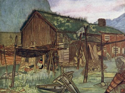 Norge: Fisknät vid Sundalsoren (färg litho) av Nico Jungman