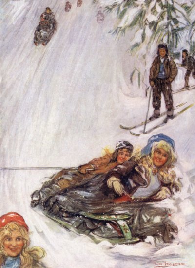 Norge: Girls on Turned Sledge, Holmencollen (färg litho) av Nico Jungman