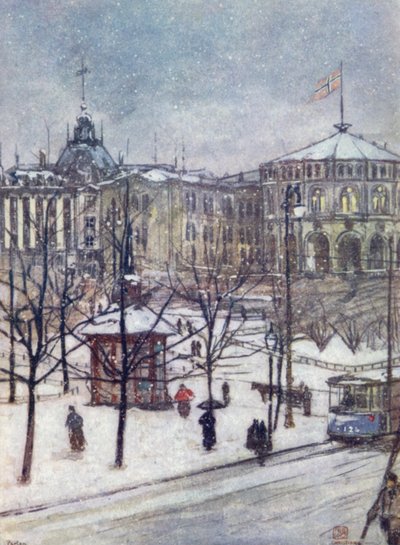 Norge: Stortingets hus (Storthing), Christiania (färg litho) av Nico Jungman