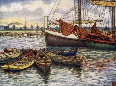 Norge: Trondhjem, Gamla båtar (färg litho) av Nico Jungman