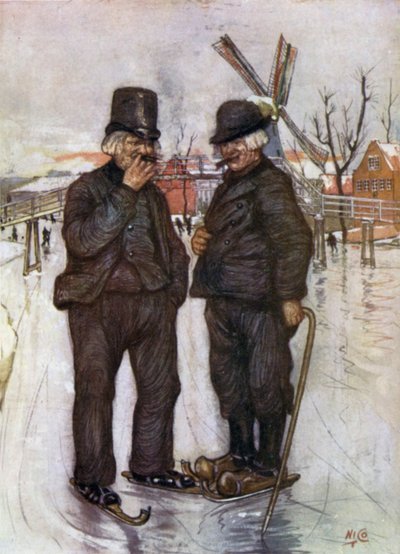 Gamla holländare på skridskor (färg litho) av Nico Jungman