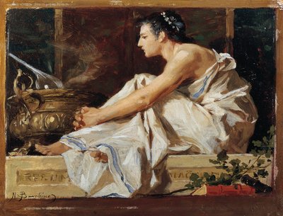 Studie för geografi, av Nicolo Barabino (1832-1891), olja på panel av Nicolo Barabino