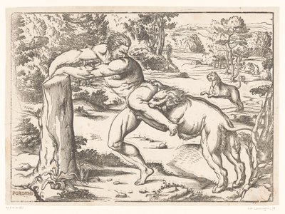 Milo av Croton attackerad av ett lejon av Nicolò Boldrini (attributed to)