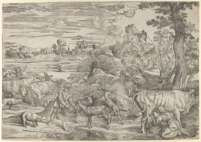 Landskap med en mjölkpiga till höger och en pojke till vänster, ca. 1535-40., ca. 1535-40. av Nicolò Boldrini