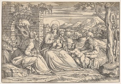 Den heliga familjen med helgonen Elizabeth och Johannes, ca. 1550. av Nicolò Boldrini