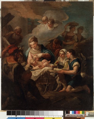 ""Tillbedjan av Kristusbarnet"" (The Adoration of the Christ Child) Målning av Nicola Grassi (1682-1748) 1700-talets Mikalojus Konstantinas Ciurlionis Museum of Fine Arts, Kaunas, Litauen av Nicolò Grassi