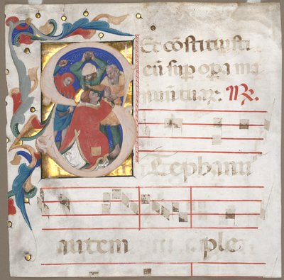Fragment of an Antiphonary with Historiated initial S: The Stening of St. Stephen, ca. 1370-1372. av Nicolò da Bologna