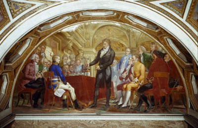 Alessandro (Alexandre) Volta (1745-1827) presenterade 1801 för konsul Napoleon Bonaparte (1769-1821) vid Institut national de France resultaten av hans experiment som gjorde det möjligt för honom att uppfinna det elektriska batteriet Derriere Napoleon, av  av Nicola Cianfanelli
