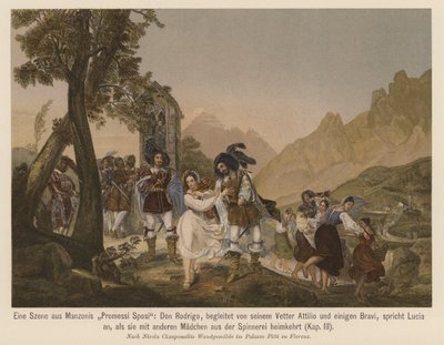 Scener ur Alessandro Manzonis roman I Promessi Sposi (färglitografi) av Nicola Cianfanelli