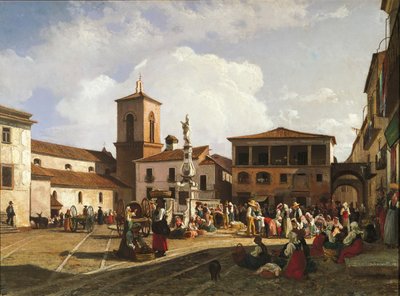 Benevento (region Campania), Orsini-torget med katedralens klocktorn och fontänen tillägnad påven Orsini (olja på duk) av Nicola Palizzi
