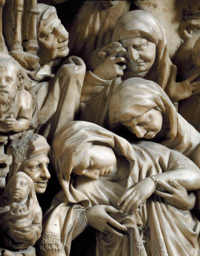 Gotisk konst: "" The Crucifixion"" Reliefdetalj av marmorpredikstolen av Nicola Pisano (1215/20-1278/84) (detalj från Predikstolen) 1266-1268 - Cathedrale Notre-Dame-de-l