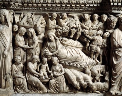 Gotisk konst och arkitektur: Visitation and Nativity - Detalj av basrelieferna av Marble Desk som Nicola Pisano (1215/20-1278/84) gjorde mellan 1266 och 1268 (Marmorpredikstolsdetaljer, visitation och födelse) Cathedrale Notre-Dame- de-l