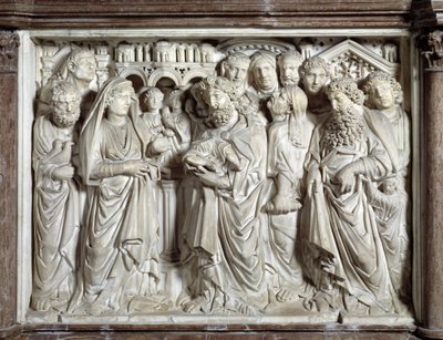 Presentation av Jesus till templet (Presentation av Jesus till templet) Stol realiserad av Nicola Pisano (1215/20-1278/84) (Marmorpredikstol) 1260 Baptistere Saint John of Pisa (Battistero san Giovanni di Pisa), Italien av Nicola Pisano