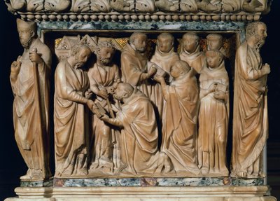 Apostlarna Petrus och Paulus framträder för Saint Dominic, dekorativ relief från Arca di San Domenico, av Nicola Pisano och hans verkstad, marmor, San Domenicos kapell, San Domenico basilikan, Bologna, Emilia-Romagna, Italien av Nicola Pisano