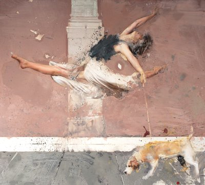 Ballerina med hund, 2021 (olja på duk) av Nicola Pucci