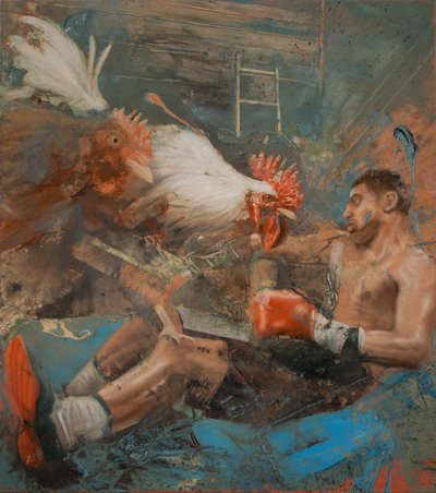 Boxer med tuppar, 2018 (olja på duk) av Nicola Pucci