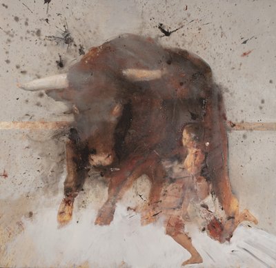 Tjur med tjurfäktare, 2019 (olja och förbränning på trä) av Nicola Pucci