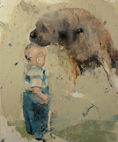 Barn med hund II, 2022 (olja på duk) av Nicola Pucci