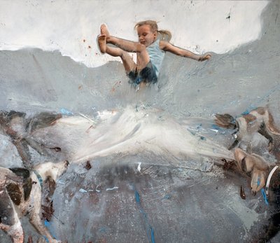 Flicka som hoppar med hundar, 2023 (olja på duk) av Nicola Pucci