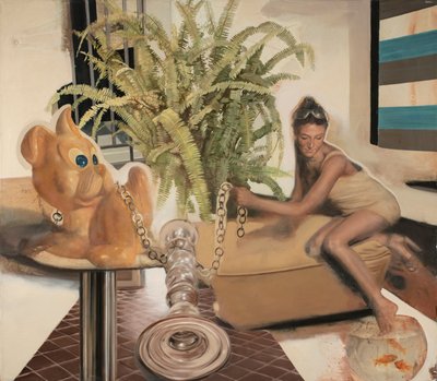 Tjej med en gul hund, 2011 (olja på duk) av Nicola Pucci