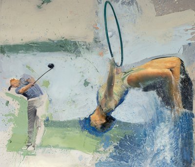 Golfspelare med dykare och hoop, 2023 (olja på duk) av Nicola Pucci