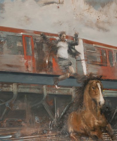 Hoppa från tåget, 2017 (olja på duk) av Nicola Pucci