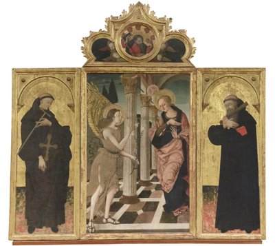 Bebådelsen mellan Johannes Gualbert och Benedictus, ca 1500-05 (triptyk på pannå) av Nicola de Maestro Antonio