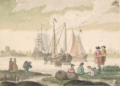 Havslandskap med sju figurer och en hund, 1733-93. av Nicolaas Aartman