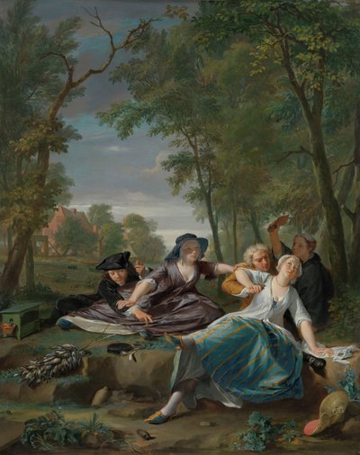 Genrescen med eleganta unga par i ett landskap av Nicolaas Verkolje