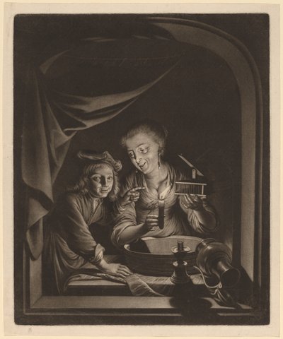Hembiträde med en musfälla av Nicolaas Verkolje after Gerrit Dou