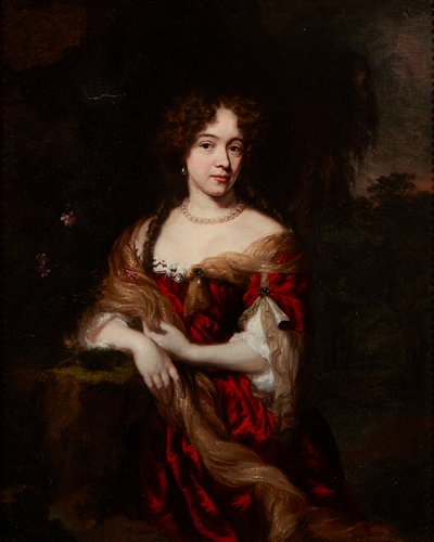 Tre fjärdedels porträtt av en dam i en röd klänning (olja på duk) av Nicolaes (follower of) Maes