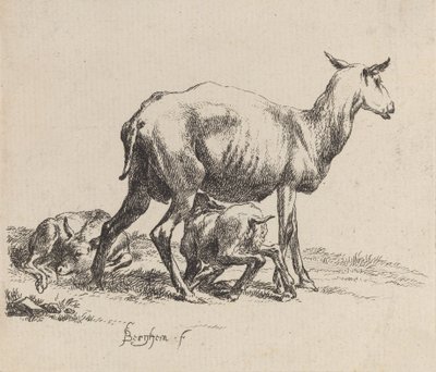 Tackan som ammar sitt lamm. av Nicolaes Berchem