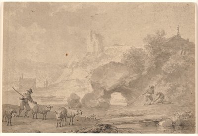 Herde och fiskare i ett sydligt flodlandskap av Nicolaes Berchem