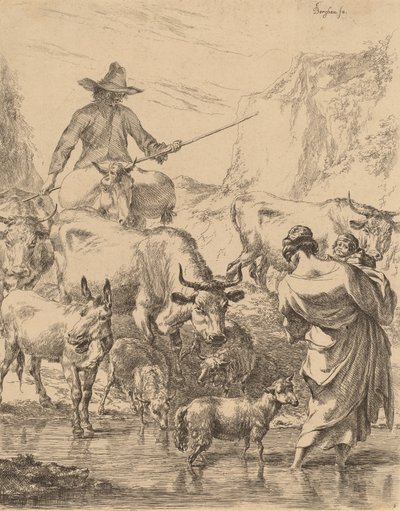 Flock som korsar bäcken. av Nicolaes Berchem